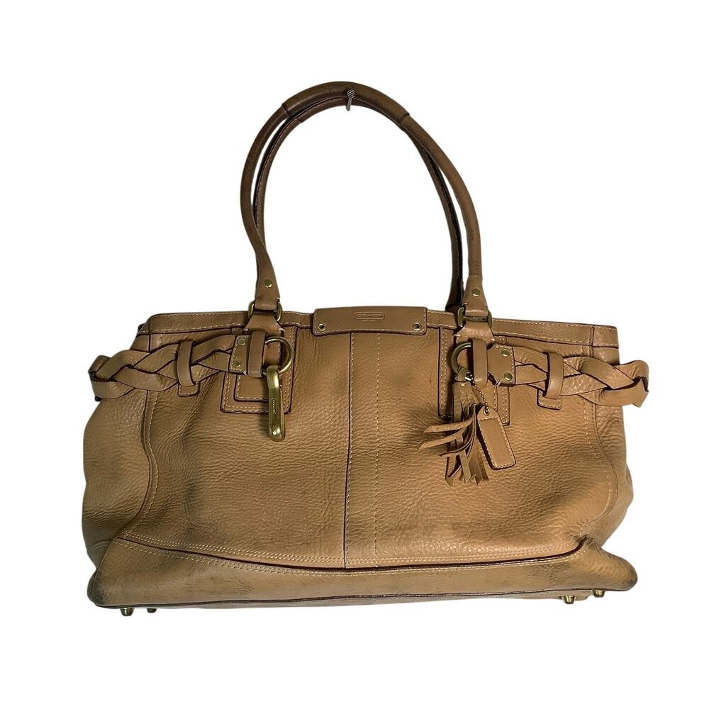 COACH Large Tan Hamptons Pebbled Leather Tassel Tote Shoulder Bag Handbag P7-9